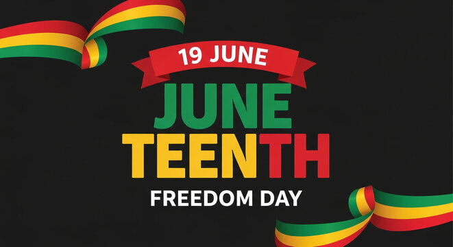 Graphic of Juneteenth with text and ribbon element in red, yellow, green; Freedom Day. Represents emancipation, African-American heritage