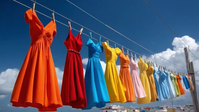 Colors of Elegance: A vibrant display of colorful dresses hanging on a clothesline against a stunning blue sky, symbolizing joy and summer fashion.