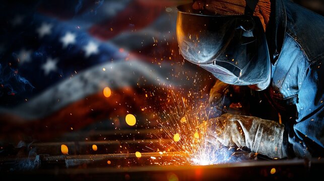 Industrial welder sparks flying american flag background