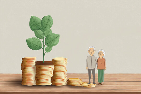 Love couple senior model paper cut set on pile coins saving, Save money for prepare in future and pension retirement concept