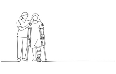 Obraz premium Healthcare professional supporting injured person with crutches and cast walking aid line art white background healthcare professional crutches assistance recovery rehabilitation disability