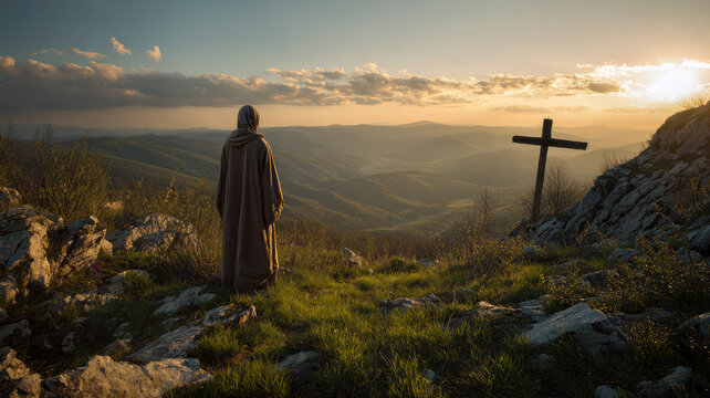 Rear view of believer man stands facing to cross on horizon, beautiful mountains landscape background.