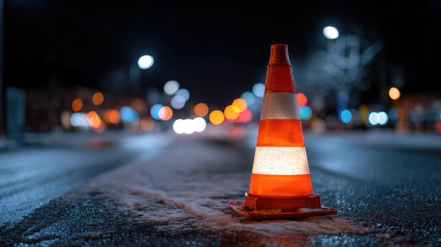 Traffic cone on snowy asphalt road with blurred city lights and cars at night.