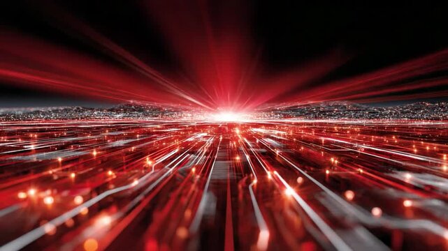 Abstract Red Digital Web: A dynamic network of red light trails explodes outward, creating a compelling visual representation of interconnected digital communication and technological advancement.