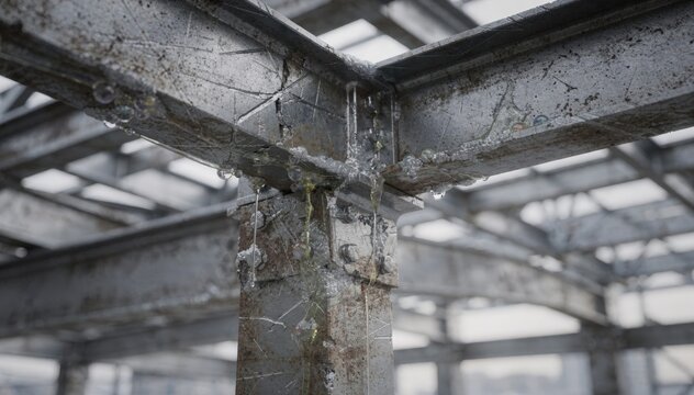 Industrial medium shot capturing infrastructure metal beams with advanced selfhealing coatings demonstrating microencapsulation technology repairing surface damage triggered by