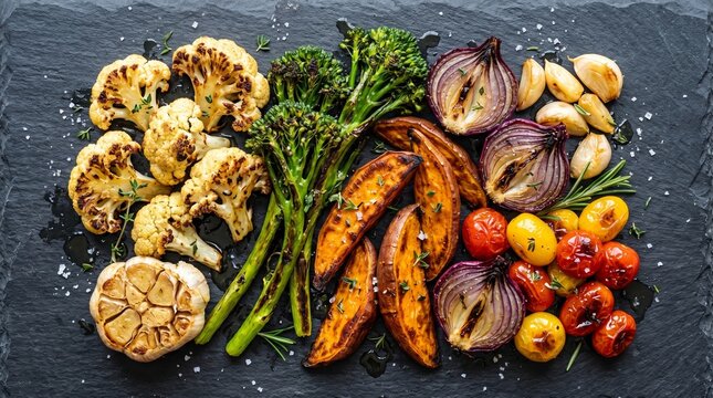 Premium roasted vegetable platter with caramelized cauliflower broccolini sweet potato and cherry tomatoes on dark slate, whole food plant-based concept 