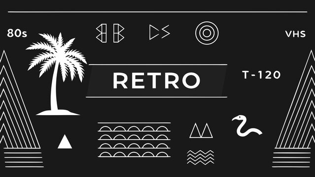 A vibrant retro aesthetic featuring a palm tree flamingo and 80s inspired geometric shapes