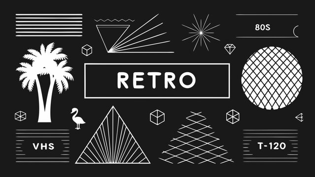 Abstract retro design featuring geometric shapes a palm tree and 80s inspired elements
