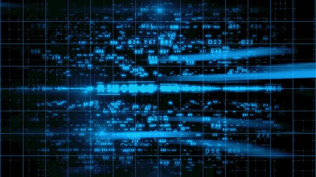 Digital Big Data Processing with Glowing Blue Alphanumeric Code Streams on a Dark Grid Background
