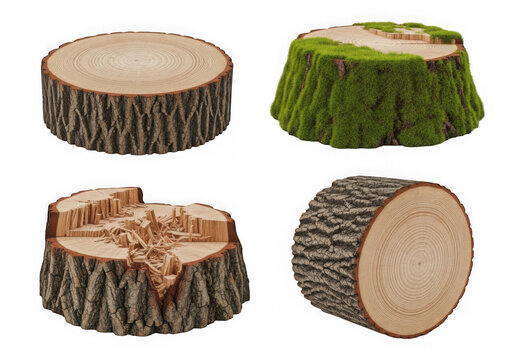 Four wooden tree trunk slices with bark and one mossy isolated on transparent background