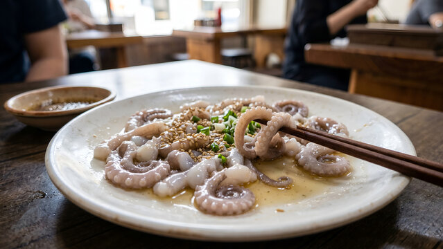 Sannakji from South Korea &ndash; live octopus tentacles sliced and served immediately, still moving on plate, with sesame oil.