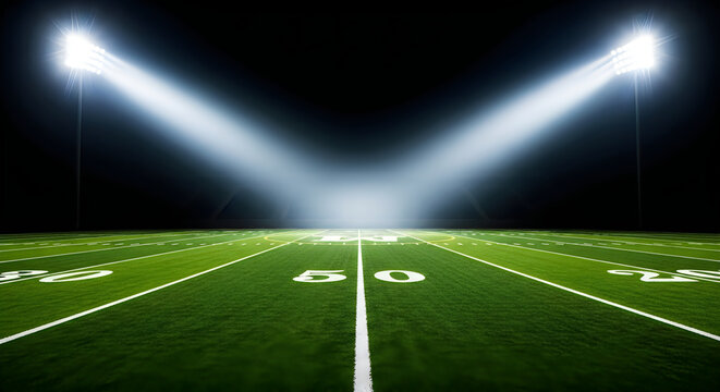 A football field illuminated by bright lights on a clear night