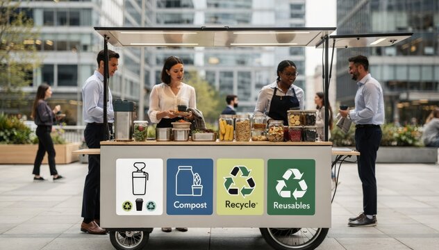 A zerowaste mobile food station at an office plaza captured in medium shot highlighting clear waste signage and reusable packaging against a blurred backdrop of urban workers.