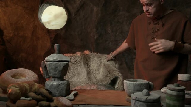 Funny sleepy prehistoric man having breakfast in his cave: he sits at the table, yawns and takes a cookie