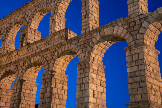 View of the Segovia aqueduct at blue hour, in Castilla y Leon.