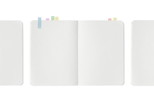 Three notebook spreads side by side, one with color-coded sticky notes and the others without.
