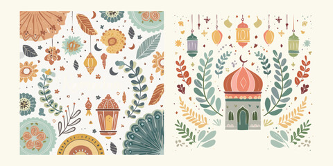Naklejka premium Elegant Vector Illustrations Featuring Ornate Floral Patterns, Decorative Lanterns, and a Mosque, Ideal for Festive Cultural Celebrations and Traditional Designs