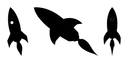 Rocket ship set with black silhouette on white background featuring space, launch, and futurism with black and white and vector illustration © MdBiplob