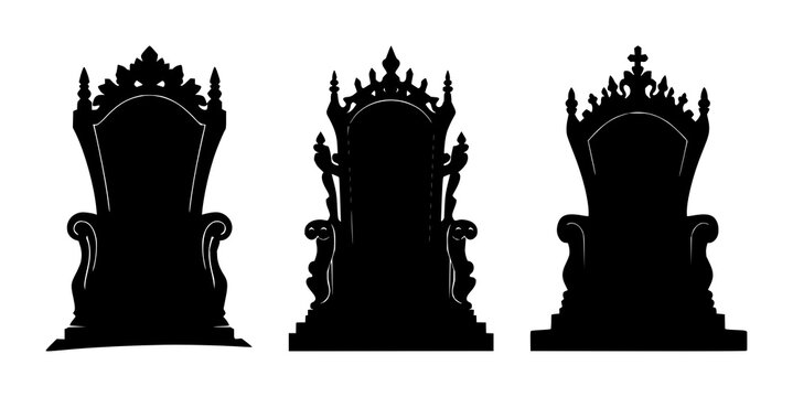 Throne set with black silhouette against crisp white background featuring regal throne, medieval design, historical furniture with silhouette and background