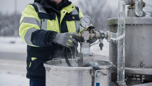Closeup medium shot of operator adjusting equipment while formate deicing fluid is processed emphasizing environmental safety and rapid melting properties for winter road