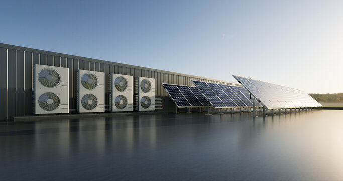 3D rendering of solar panels, air condenser unit on concrete rooftop. Photovoltaic array works alongside efficient HVAC systems, highlighting clean energy, climate control and smart building design.