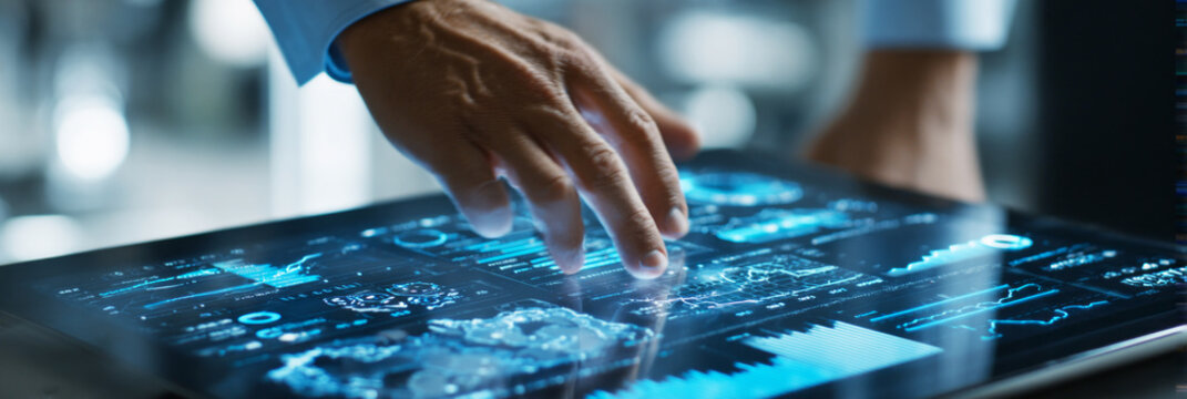 Hands interact with a touchscreen device showing detailed supply chain data and analytics in a bright, modern office space. The focus is on the fingertips and the screen
