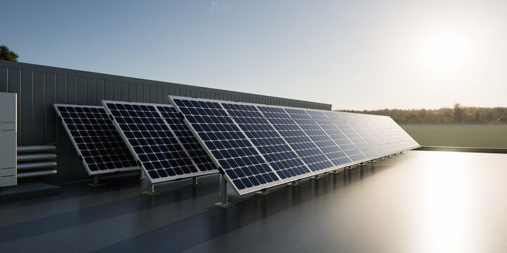 3D rendering of solar panels arranged in row on concrete rooftop deck of industrial building, against metal siding wall and evening sky,. Photovoltaic array captures sunlight for sustainable power.
