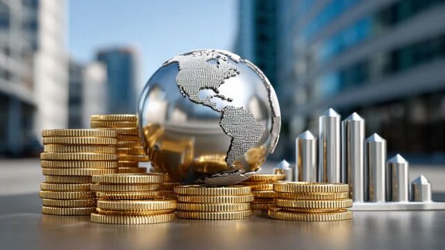 Global Financial Growth: A symbolic representation of global economics, featuring stacks of gold coins, a globe, and a financial growth chart, set against the backdrop of a modern city.