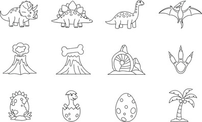 Collection of black and white cartoon dinosaur illustrations for kids coloring page © Milon Store