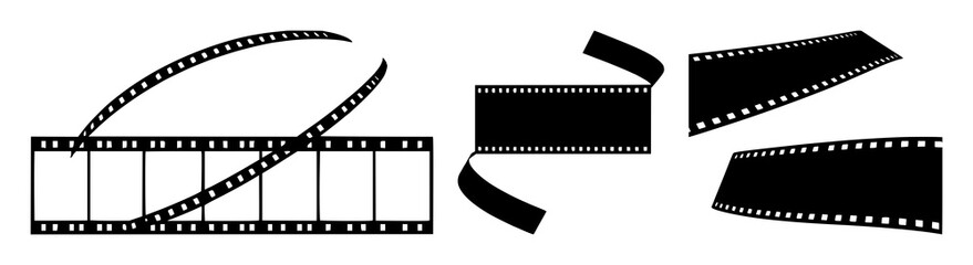 Obraz premium Film strip set with black silhouette against white background featuring film reel, motion picture, cinema with polaroid and classic cinema