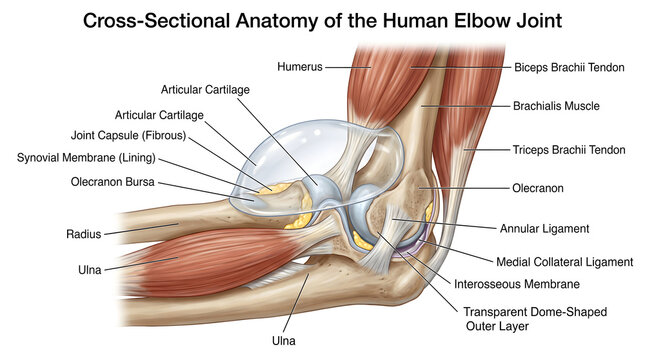 Cross‑sectional anatomy of the human elbow joint under a dome overlay showing humerus, radius, ulna, articular cartilage, synovial capsule, annular and collateral ligaments, olecranon bursa plus bicep