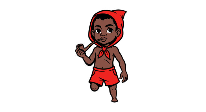 Saci Perere Brazilian Folklore Character Vector Illustration, Cartoon Style Boy with Red Cap and Smoking Pipe for Cultural Design Projects