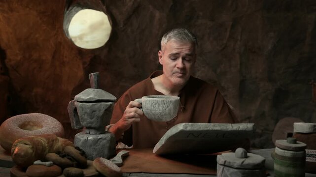 Funny sleepy prehistoric man having breakfast in his cave: he is reading news and drinking a big cup of coffee