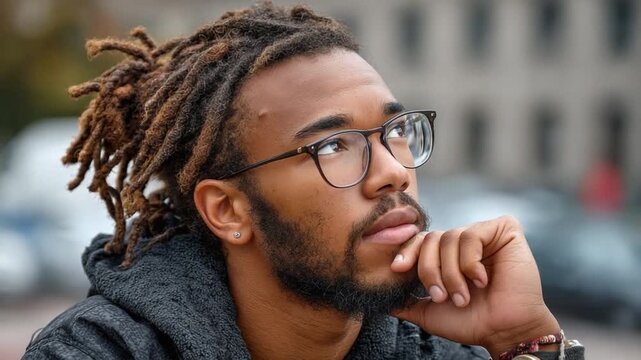 Thoughtful gaze: A handsome man with stylish dreadlocks and spectacles is captured in a moment of contemplative reflection, his expression hinting at deep thought and introspection.