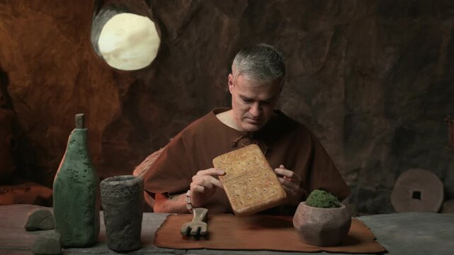 Sad disappointed prehistoric man on a diet, he is having a light meal in his cave