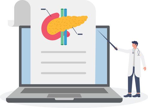 Specialist presenting pancreas health report on laptop screen