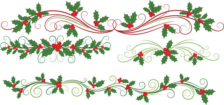 Christmas holly border icon collection with festive holiday decoration ornament winter flourish artwork, vector template set