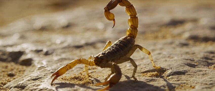 Zodiac scorpion desert sand predator wildlife macro animal with raised tail venom stinger and claw in fierce defensive warning stance under warm golden sunlight on rocky ground astrology symbol