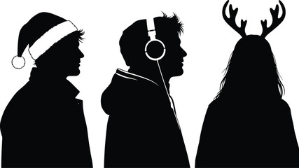 Christmas silhouette with Santa hat, headphones music profile, reindeer antlers festive character, holiday celebration design, black vector illustration art © Md