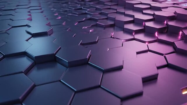 Geometric hexagons, purple background, 3D pattern, futuristic design