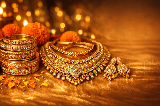 Luxury Indian Gold Jewellery Display with Diya Lights for Akshay Tritiya, Diwali Deepavali, Dhanteras, Navratri, Laxmi Poojan, Gudi Padwa, Ugadi, Karva Chauth, Pongal Makar Sankranti, Bridal Jewellery