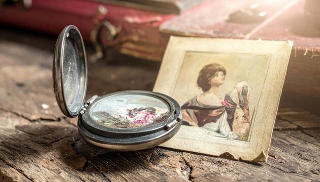 An antique tarnished silver locket opened to reveal a miniature scene next to a vintage portrait on a weathered wooden surface
