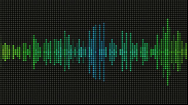 Digital green and blue audio spectrum waveform animation on a black LED dot matrix background for music and podcasting.
