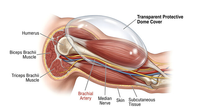 Longitudinal illustration of the anterior upper arm beneath a transparent dome cover showing humerus, biceps brachii, triceps brachii, brachial artery, median nerve, skin and subcutaneous tissue for d