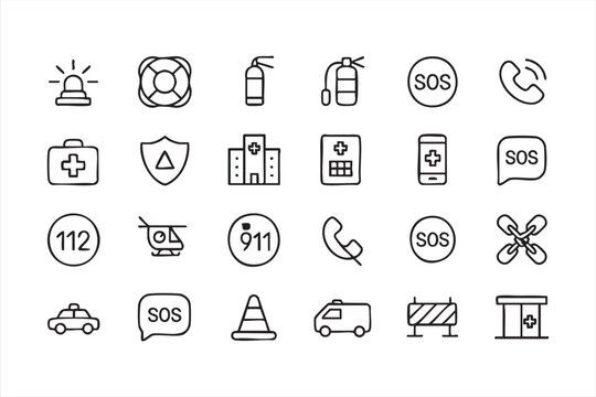 SOS and rescue icons, emergency communication medical and warning line symbols