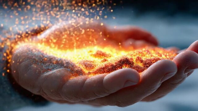Glowing Energy in Hand: An open hand cradles a fiery, glowing energy, symbolizing creation, innovation, and the power of transformation. Capturing the essence of a dynamic idea.