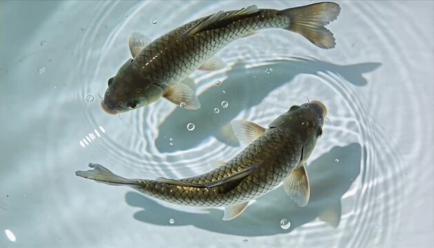Koi fish water pond ripple reflection animal nature aquatic calm zodiac harmony as peaceful koi fish glide in clear water forming circle pattern ripples like twin zodiac symbol
