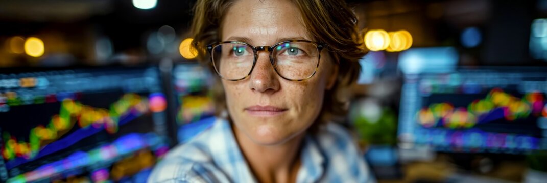 Financial data review with analyst and multiple monitors in modern office