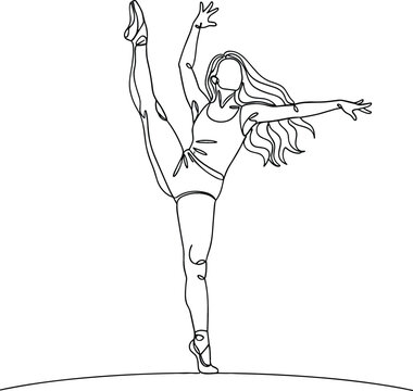 Ballet dancer performing high leg extension pose, graceful female ballerina line art illustration, elegance and movement in minimalist vector design