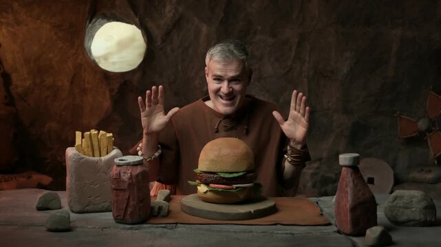 Happy excited prehistoric man having a tasty fast food meal in his cave: he grabs a big hamburger and smiles at the camera